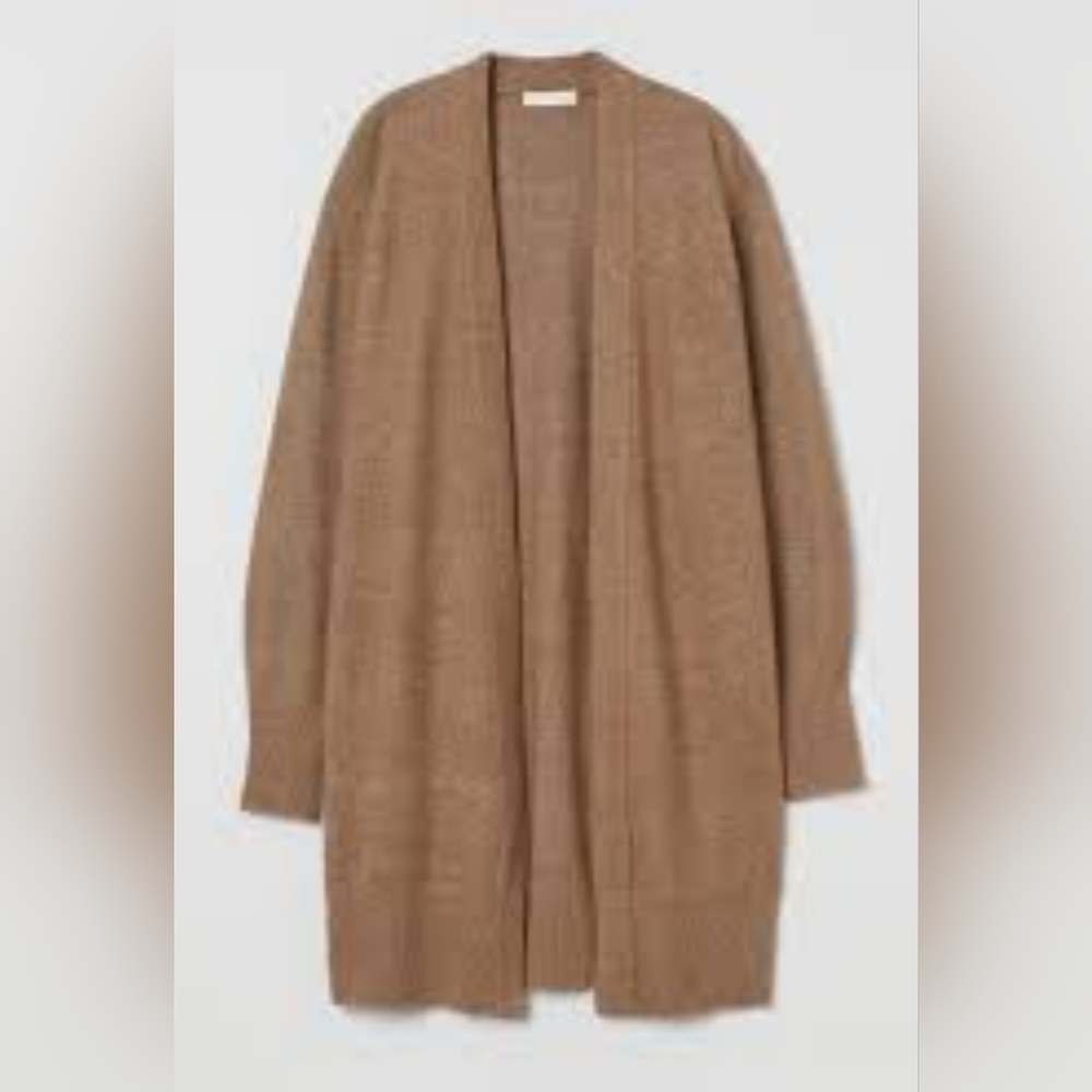 H&M Long Tan Open Front Cardigan XS Soft Knit Wool Blend Cozy Layering